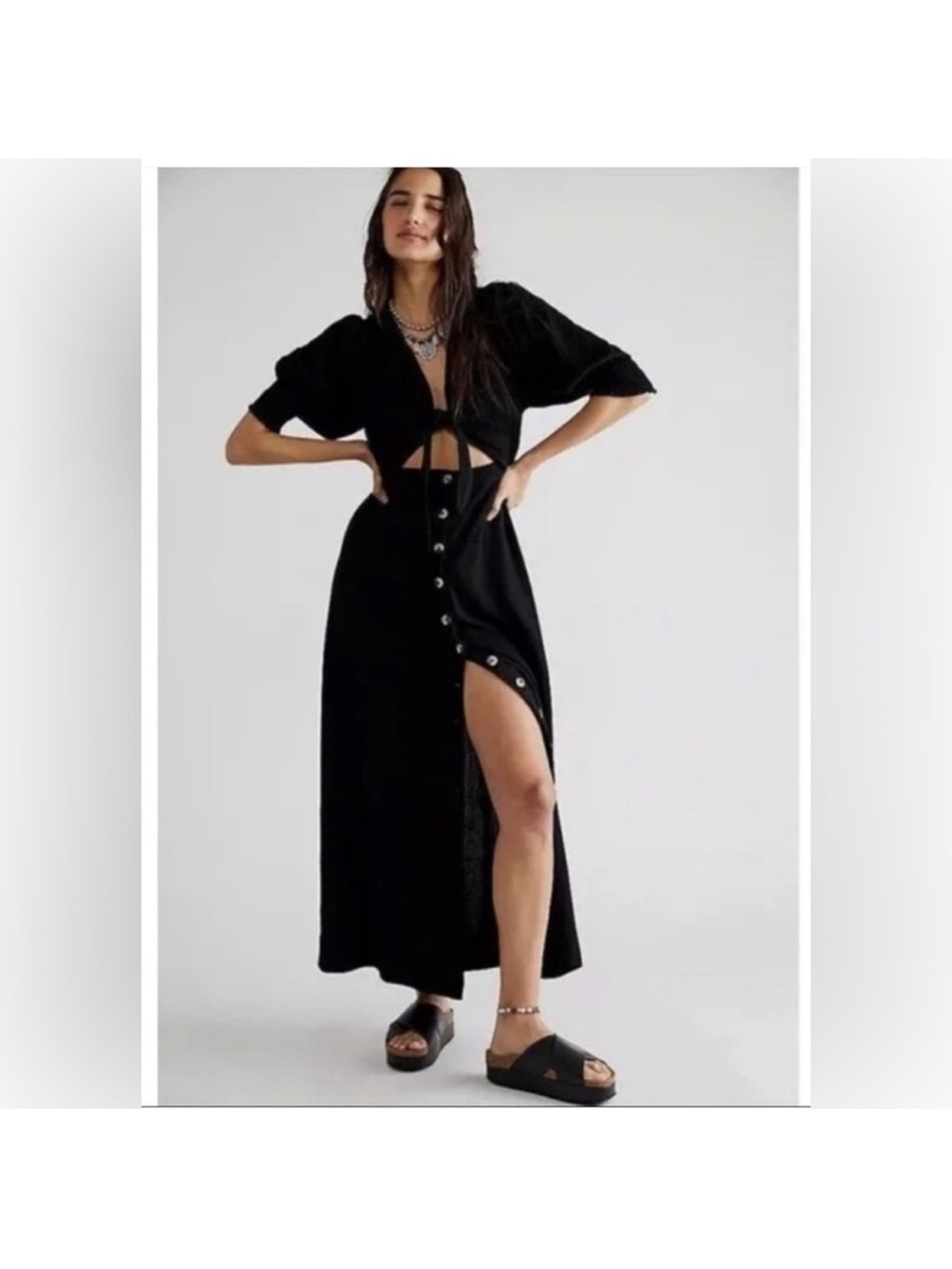 Free People String of Hearts Black Button-Front Cutout Maxi Dress New